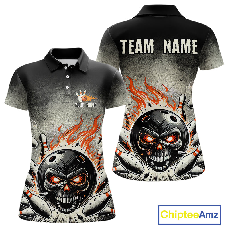 Funny Flame Skull Bowling Ball and Pins Retro Black Bowling Shirt For Women Custom Bowling Team Jersey NQS9794