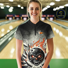 Load image into Gallery viewer, Funny Flame Skull Bowling Ball and Pins Retro Black Bowling Shirt For Women Custom Bowling Team Jersey NQS9794