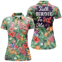 Load image into Gallery viewer, Funny Womens golf polo shirt custom green tropical flower flamingo golf shirts talk birdie to me NQS5364