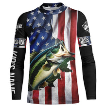 Load image into Gallery viewer, Largemouth Bass fishing American Flag Patriotic Fourth of July personalized fishing shirts NQS403