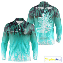 Load image into Gallery viewer, Disc golf basket Cyan Blue camo Men disc golf polo shirt custom disc golf jerseys team shirts for men NQS10348