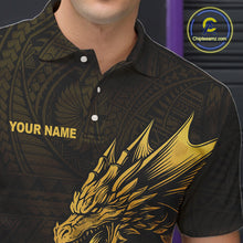 Load image into Gallery viewer, Custom Tribal pattern Gold Dragon Bowling Polo, Quarter Zip Shirt For Men, Bowling Team League Jersey NQS10349