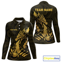 Load image into Gallery viewer, Custom Tribal pattern Gold Dragon Bowling Polo, 1/4 Zip Shirt For Women, Bowling Team League Jersey NQS10349