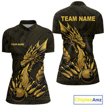 Load image into Gallery viewer, Custom Tribal pattern Gold Dragon Bowling Polo, 1/4 Zip Shirt For Women, Bowling Team League Jersey NQS10349