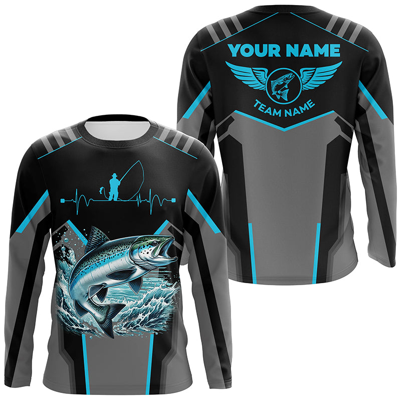 Personalized Black Chinook salmon Fishing jerseys, Team Fishing Long Sleeve tournament shirts| Blue NQS6271