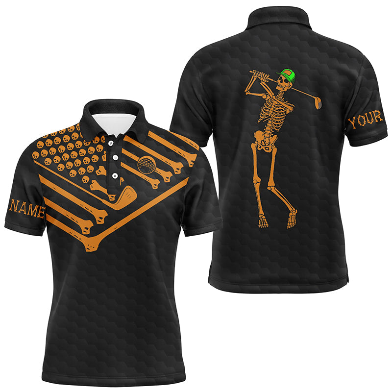 Mens golf polo shirt Skeleton American flag custom black and orange Halloween shirts NQS8582