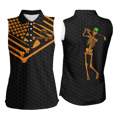 Women sleeveless golf polo shirt Skeleton American flag custom black and orange Halloween shirts NQS8582