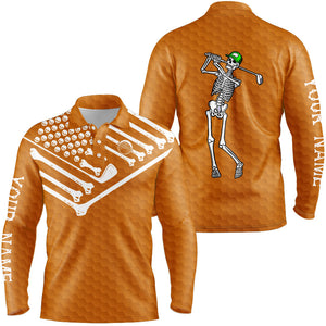 Mens golf polo shirt Skeleton American flag custom white and orange Halloween shirts NQS8583