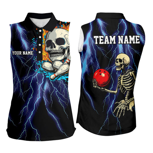 Blue lightning thunder storm skull flame Bowling Sleeveless Polo Shirts Custom Bowling Team Jerseys NQS8589
