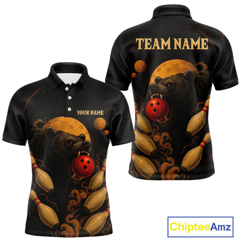 Custom Black Bear Bowling Men Polo, Quarter Zip Shirts Bear Bowling Team Jerseys NQS10781