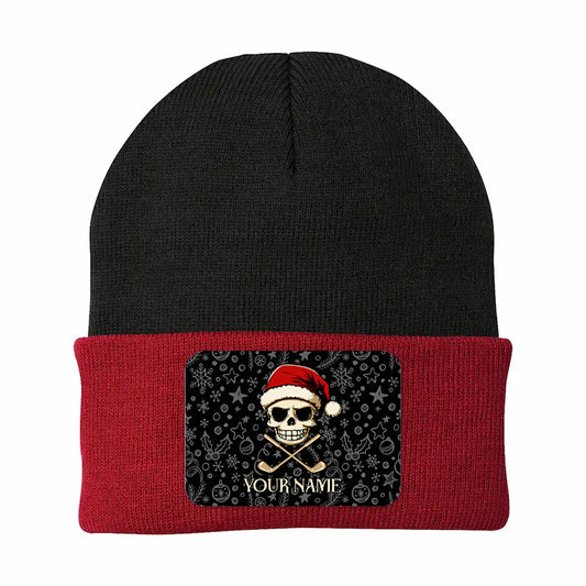 Funny Christmas Skull Golf Knit Beanie Hat, Custom Rectangle Patch Golf Beanie Hat, Xmas Golf Gifts NQS10783