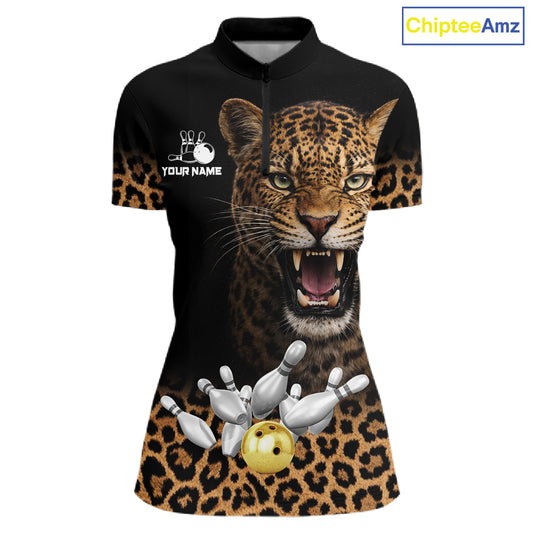 Custom Leopard Bowling Polo, Quarter Zip Jerseys for Women, Personalized Leopard Bowling Team shirts NQS11570