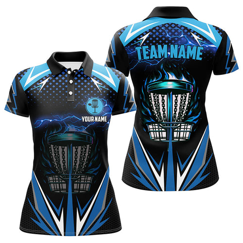 Black Women disc golf polo shirts custom blue fire lightning team disc golf jerseys, unique golf gifts NQS7382