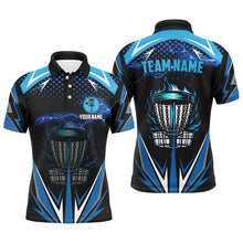 Load image into Gallery viewer, Black Mens disc golf polo shirts custom blue fire lightning team disc golf jerseys, unique golf gifts NQS7382