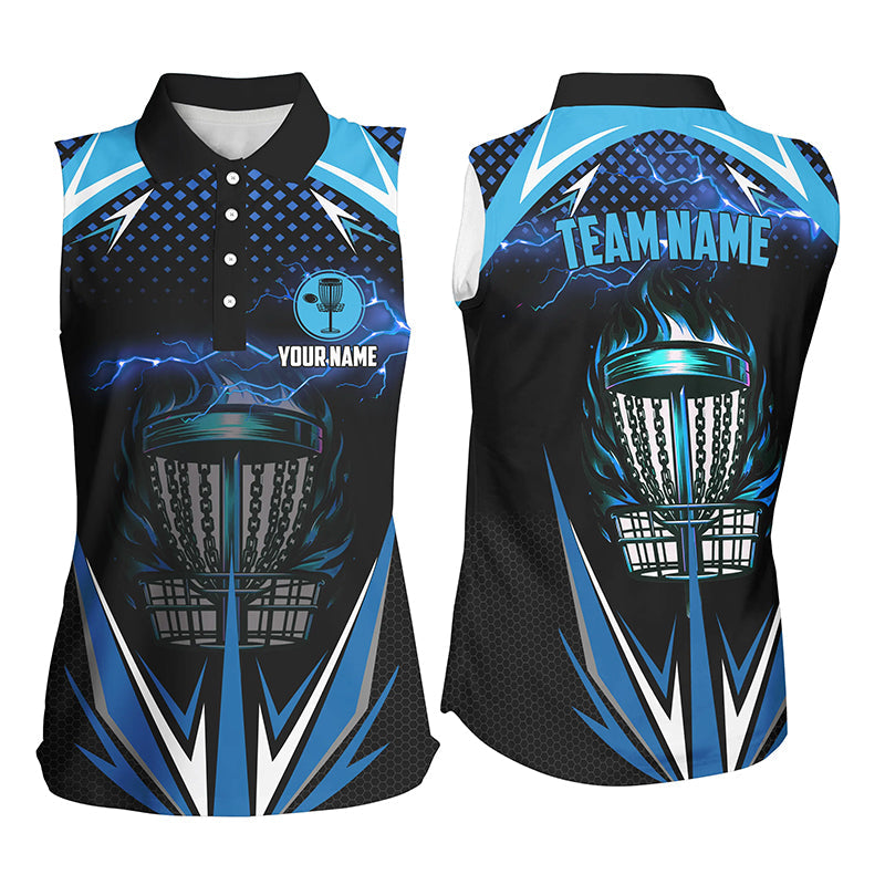 Black Women sleeveless disc golf polo shirts custom blue fire lightning team disc golf jerseys NQS7382