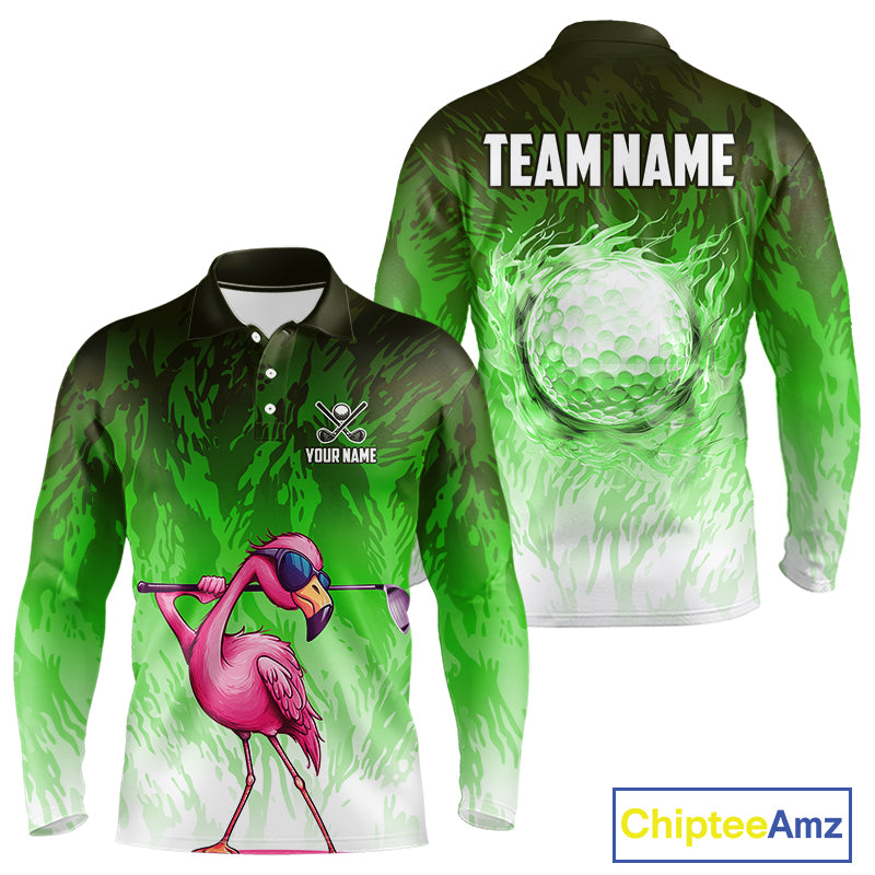 Funny Flamingo Green camo flame golf ball Mens Golf Polo Shirts Custom Flamingo Golf attire for men NQS9799