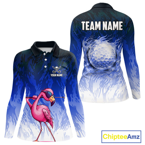 Funny Flamingo Blue camo flame golf ball Women Golf Polo Shirt Custom Flamingo Golf attire for ladies NQS9800