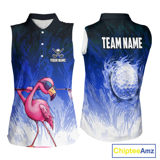 Funny Flamingo Blue camo flame golf ball Women Golf Sleeveless Polo Shirt Custom Ladies Golf tops NQS9800