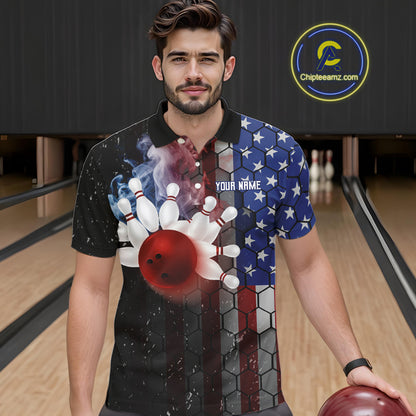 Smoke American Flag Vintage Bowling Polo, 1/4 Zip Shirts For Men Custom Patriotic Bowling Team jerseys NQS9802
