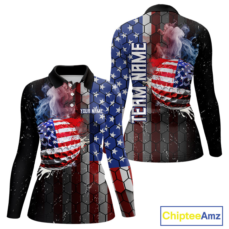 Smoke Golf ball American Flag pattern Women Golf Polo Shirts Custom Patriotic Golf attire for ladies NQS9801
