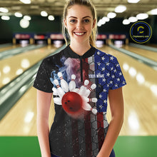 Load image into Gallery viewer, Smoke American Flag Vintage Women Bowling Polo, 1/4 Zip Shirts Custom Patriotic Bowling Team jerseys NQS9802