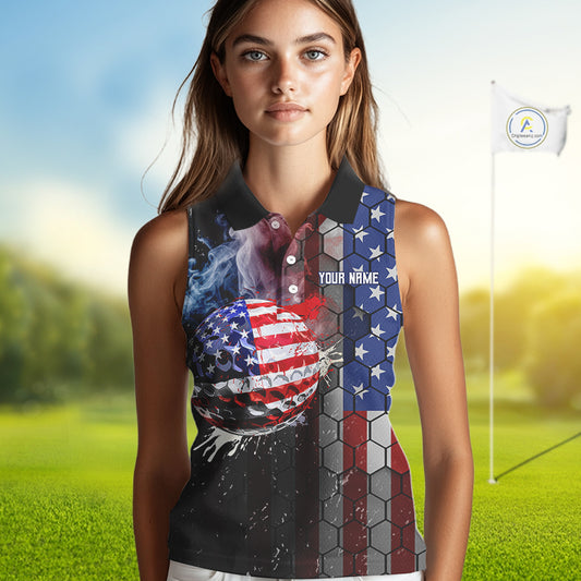 Smoke Golf ball American Flag Women Sleeveless Polo Shirt Custom Patriotic Golf attire for ladies NQS9801