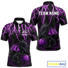 Load image into Gallery viewer, Black &amp; Purple Lightning Thunder Dragon Bowling Shirt For Men Custom Dragon Bowling Team Shirt Uniform NQS9805