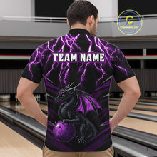 Load image into Gallery viewer, Black &amp; Purple Lightning Thunder Dragon Bowling Shirt For Men Custom Dragon Bowling Team Shirt Uniform NQS9805