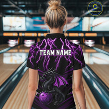 Load image into Gallery viewer, Black &amp; Purple Lightning Thunder Dragon Women Bowling Shirts Custom Dragon Bowling Team Shirt Uniform NQS9805
