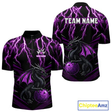 Load image into Gallery viewer, Black &amp; Purple Lightning Thunder Dragon Bowling Shirt For Men Custom Dragon Bowling Team Shirt Uniform NQS9805