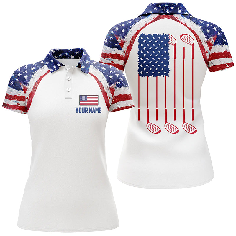 Watercolor American flag white Womens golf polo shirt custom golf tops for ladies patriotic golf gift NQS5376