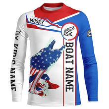 Load image into Gallery viewer, Angry Musky American flag patriotic fishing Custom name and boat name tournament fishing shirts NQS5601