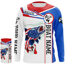 Load image into Gallery viewer, Angry Walleye American flag patriotic fishing Custom name and boat name tournament fishing shirts NQS5603