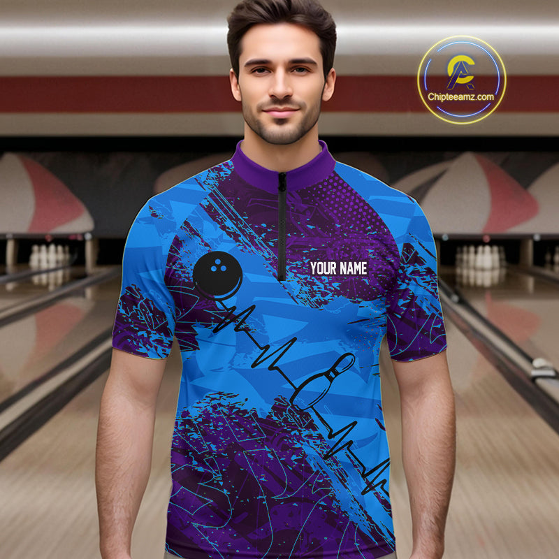 Blue and Purple Grunge Camo Heartbeat Bowling Polo, 1/4 Zip Shirt For Men Custom Bowling Team Jersey NQS10040