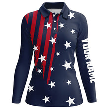 Load image into Gallery viewer, Personalized Navy golf polos shirt for women American flag 4th July custom patriotic ladies golf tops NQS7959