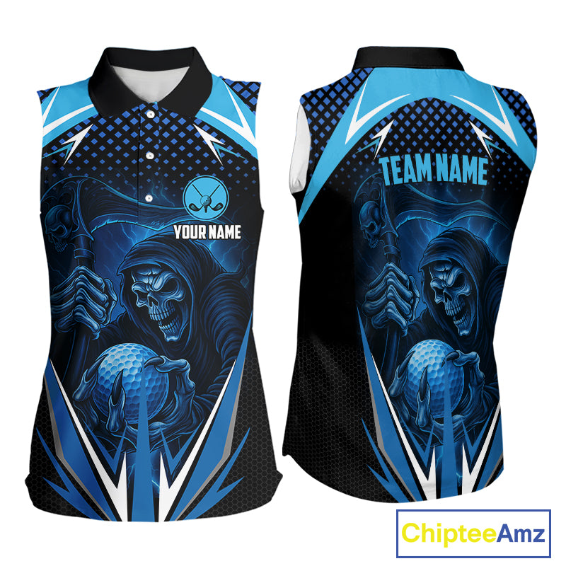 Women sleeveless golf polo shirt custom Blue Lightning reaper skull Golf team jersey golf attire NQS10206