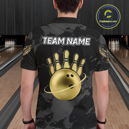 Black and Gold Eagle Bowling Polo, Quarter Zip Shirts For Men custom Bowling league outfits NQS10209