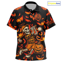 Load image into Gallery viewer, Orange and Black Halloween Pattern Funny Skull Golf polo shirt for Kid Custom Halloween Kid golf top NQS10352