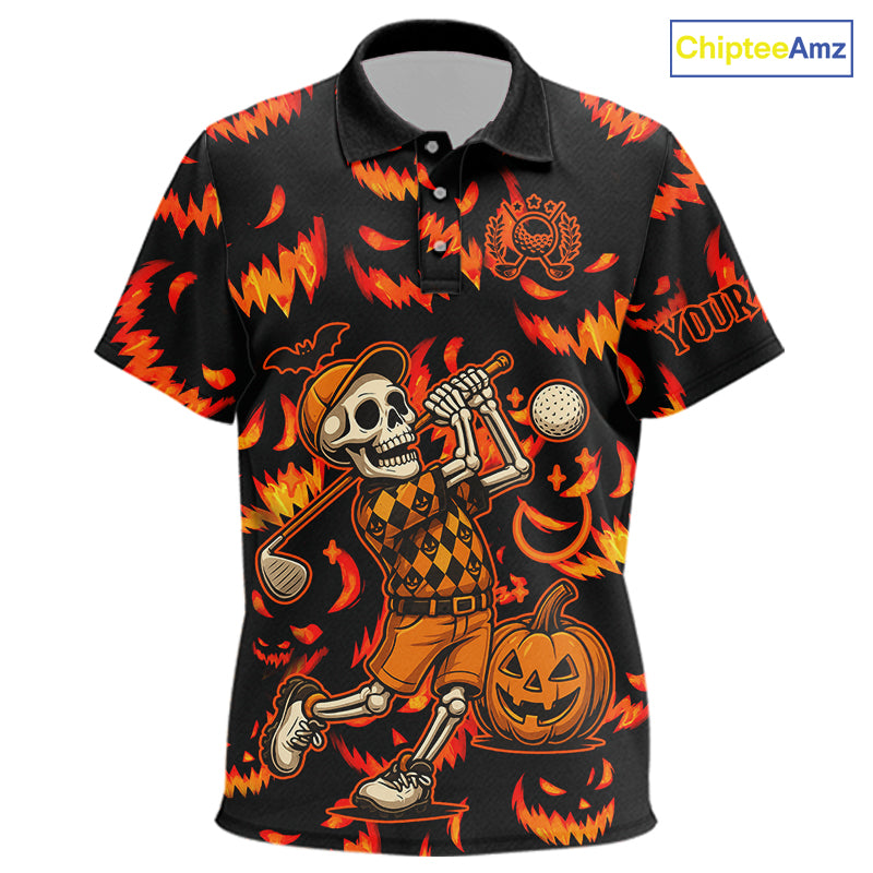 Orange and Black Halloween Pattern Funny Skull Golf polo shirt for Kid Custom Halloween Kid golf top NQS10352