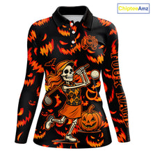 Load image into Gallery viewer, Orange and Black Halloween Pattern Funny Skull Golf polo shirt for Women Custom Halloween golf top NQS10352