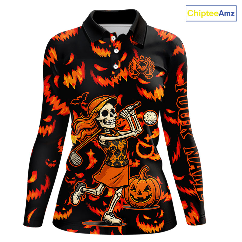 Orange and Black Halloween Pattern Funny Skull Golf polo shirt for Women Custom Halloween golf top NQS10352