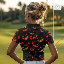Load image into Gallery viewer, Orange and Black Halloween Pattern Funny Skull Golf polo shirt for Women Custom Halloween golf top NQS10352