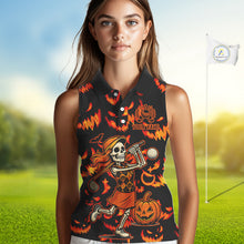 Load image into Gallery viewer, Orange and Black Halloween Pattern Funny Skull Golf sleeveless polo shirt Custom Halloween golf top NQS10352
