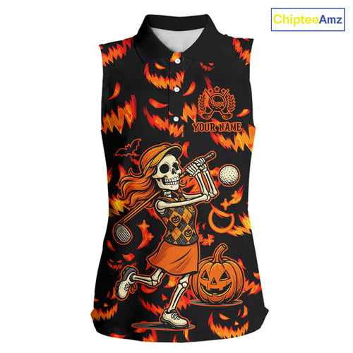 Orange and Black Halloween Pattern Funny Skull Golf sleeveless polo shirt Custom Halloween golf top NQS10352
