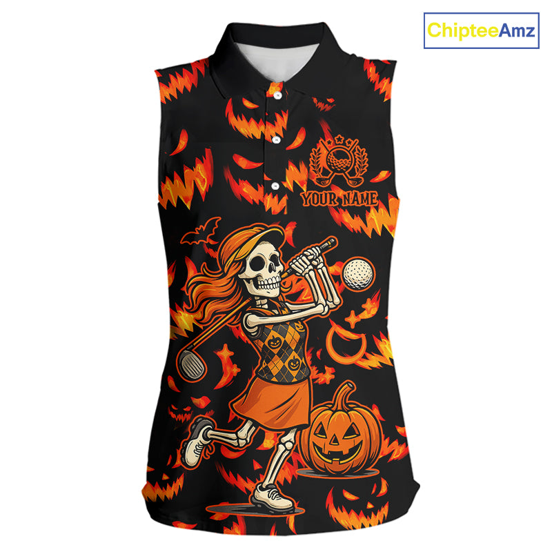 Orange and Black Halloween Pattern Funny Skull Golf sleeveless polo shirt Custom Halloween golf top NQS10352