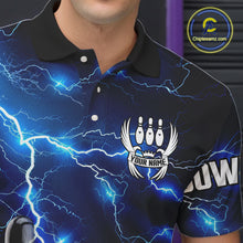 Load image into Gallery viewer, Blue Lightning Thunder Black Bowling Polo, Quarter zip Shirt for men custom storm bowling team jerseys NQS8386