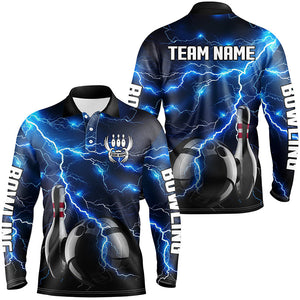 Blue Lightning Thunder Black Bowling Polo, Quarter zip Shirt for men custom storm bowling team jerseys NQS8386