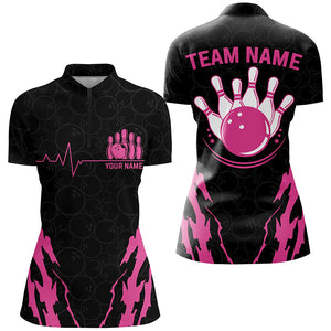 Black Bowling Camo Polo, Quarter zip Shirt for women cool custom jerseys for team bowlers | Pink NQS8388