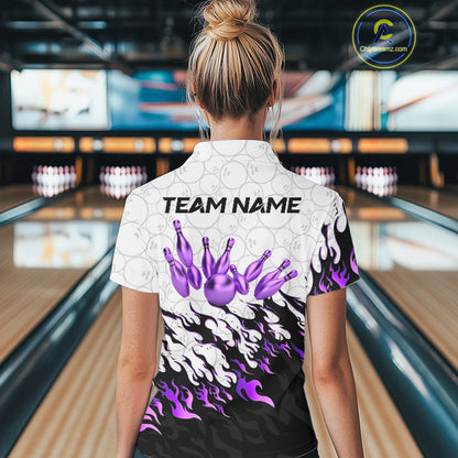Black and White Camo Bowling Shirts For Women Custom Bowling Team League Jerseys | Purple NQS10562
