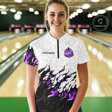 Load image into Gallery viewer, Black and White Camo Bowling Shirts For Women Custom Bowling Team League Jerseys | Purple NQS10562